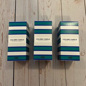 NIB - HAY - Set Of 3 Small Column Candles - Light Grey, Green & Blue